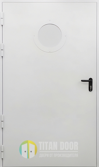 Широкая белая противопожарная дверь с круглым стеклопакетом