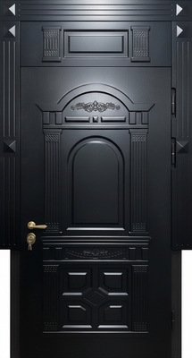 Нестандартная уличная термодверь с глухой фрамугой и фрезерованными панелями МДФ черного цвета