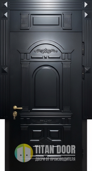 Нестандартная уличная термодверь с глухой фрамугой и фрезерованными панелями МДФ черного цвета Нестандартная уличная термодверь с глухой фрамугой и фрезерованными панелями МДФ черного цвета