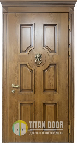 Утепленная входная термодверь с карнизом, кнокером и отделкой МДФ со шпоном Утепленная входная термодверь с карнизом, кнокером и отделкой МДФ со шпоном