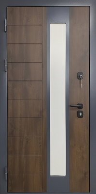 Входная остекленная термодверь с отделкой МДФ и серым порошковым покрасом Входная остекленная термодверь с отделкой МДФ и серым порошковым покрасом