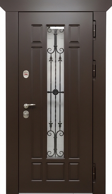 Стальная непромерзающая термодверь с удлиненным стеклом, ковкой, карнизом и плитами МДФ Стальная непромерзающая термодверь с удлиненным стеклом, ковкой, карнизом и плитами МДФ