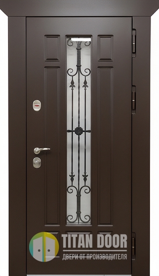 Стальная непромерзающая термодверь с удлиненным стеклом, ковкой, карнизом и плитами МДФ