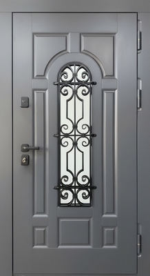 Входная уличная термодверь с отделкой серыми плитами МДФ графит, решеткой и стеклом