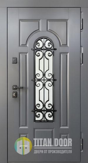 Входная уличная термодверь с отделкой серыми плитами МДФ графит, решеткой и стеклом