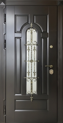Морозостойкая стальная термодверь с фрезерованными плитами МДФ со шпоном, стеклом и кованой решеткой Морозостойкая стальная термодверь с фрезерованными плитами МДФ со шпоном, стеклом и кованой решеткой