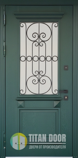Входная уличная термодверь с ковкой, стеклопакетом и отделкой зелеными плитами МДФ с багетом Входная уличная термодверь с ковкой, стеклопакетом и отделкой зелеными плитами МДФ с багетом