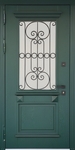 Входная уличная термодверь с ковкой, стеклопакетом и отделкой зелеными плитами МДФ с багетом