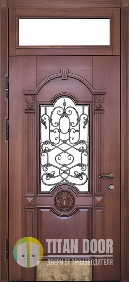 Металлическая уличная термодверь с остекленной фрамугой, ковкой, отбойником и панелями МДФ с резьбой и шпоном Металлическая уличная термодверь с остекленной фрамугой, ковкой, отбойником и панелями МДФ с резьбой и шпоном