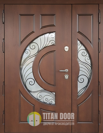 Входная полуторапольная термодверь с фигурными стеклопакетами, коваными решетками и панелями МДФ Входная полуторапольная термодверь с фигурными стеклопакетами, коваными решетками и панелями МДФ