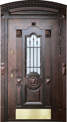 Парадная входная термодверь с арочным карнизом, отбойником, ковкой, стеклом и шпонированными панелями МДФ с резьбой