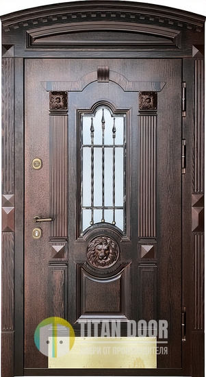 Парадная входная термодверь с арочным карнизом, отбойником, ковкой, стеклом и шпонированными панелями МДФ с резьбой Парадная входная термодверь с арочным карнизом, отбойником, ковкой, стеклом и шпонированными панелями МДФ с резьбой