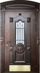 Парадная входная термодверь с арочным карнизом, отбойником, ковкой, стеклом и шпонированными панелями МДФ с резьбой