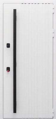 Квартирная входная дверь с металлореечным дизайном, бугельной черной ручкой и полимерным покрытием белого цвета