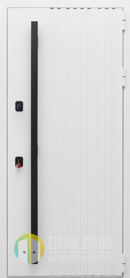 Квартирная входная дверь с металлореечным дизайном, бугельной черной ручкой и полимерным покрытием белого цвета