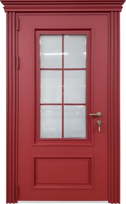 Остекленная непромерзающая термодверь с карнизом, металлобагетом и красным полимерным покрытием Остекленная непромерзающая термодверь с карнизом, металлобагетом и красным полимерным покрытием