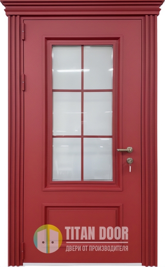 Остекленная непромерзающая термодверь с карнизом, металлобагетом и красным полимерным покрытием