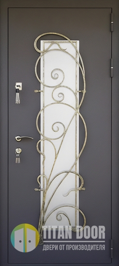 Металлическая входная термодверь с удлиненным стеклопакетом, кованой решеткой и полимерным темно-серым напылением