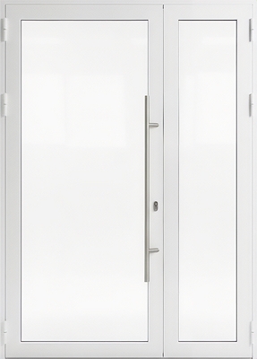 Стальная белая полуторапольная техническая дверь с максимальным остеклением и ручкой-рейлингом