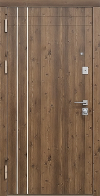 Стальная дверь для квартиры с отделкой панелями МДФ ПВХ с двумя вертикальными молдингами