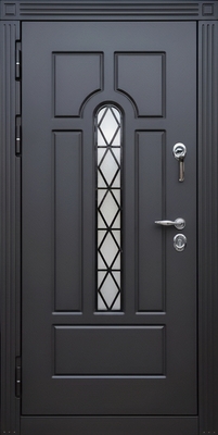 Уличная входная термодверь с узким стеклом, решеткой и черными панелями МДФ с фрезеровкой
