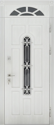Входная коттеджная термодверь с фрамугой, ковкой и остеклением (отделка белыми панелями МДФ)