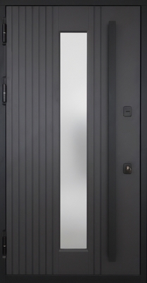 Металлическая утепленная термодверь с удлиненным стеклом, вертикальной ручкой и темно-серыми плитами МДФ