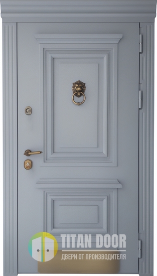 Парадная коттеджная термодверь с карнизом, кнокером, отбойником и панелями МДФ с багетом и покраской по RAL