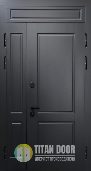 Полуторастворчатая утепленная термодверь с глухой верхней вставкой и панелями МДФ цвета графит