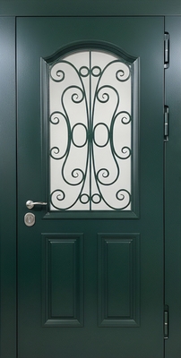 Входная морозостойкая термодверь со стеклом, кованой решеткой и темно-зелеными плитами МДФ