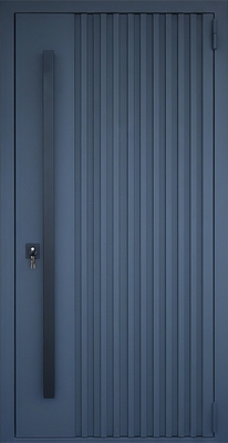 Входная уличная термодверь с металлорейками, бугельной ручкой и синим полимерным покрытием