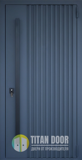 Входная уличная термодверь с металлорейками, бугельной ручкой и синим полимерным покрытием