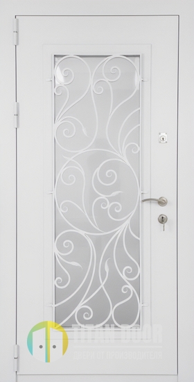 Металлическая утепленная термодверь с большим стеклом, кованой решеткой и белым порошковым окрашиванием