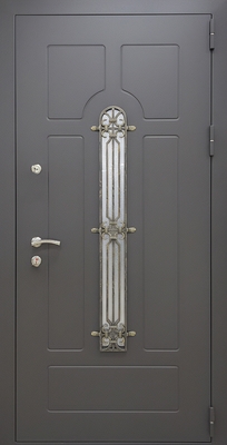Входная уличная термодверь с узким стеклом, накладной ковкой (порошковое напыление с выдавленным рисунком на металле)