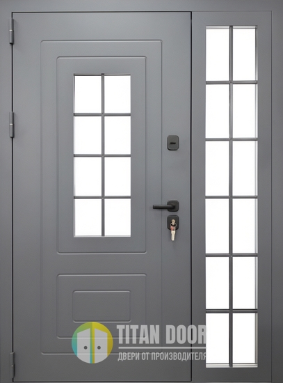 Утепленная входная термодверь с боковой остекленной вставкой, выдавленным рисунком и серым полимерным покрытием