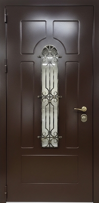 Входная термодверь с кованой решеткой, стеклом, выдавленным рисунком и коричневым порошковым покрытием