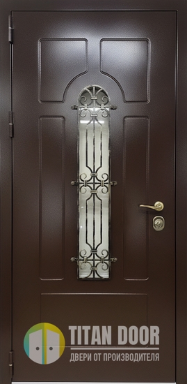 Входная термодверь с кованой решеткой, стеклом, выдавленным рисунком и коричневым порошковым покрытием