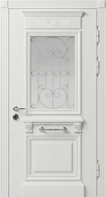 Стальная термодверь со стеклом, ковкой, багетом и белыми панелями МДФ RAL Стальная термодверь со стеклом, ковкой, багетом и белыми панелями МДФ RAL