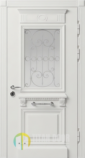 Стальная термодверь со стеклом, ковкой, багетом и белыми панелями МДФ RAL