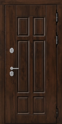 Металлическая дверь для квартиры с коричневыми панелями МДФ с фрезерованным рисунком