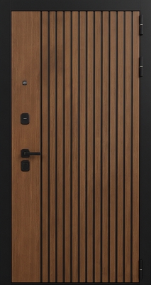 Стальная квартирная дверь с панелями МДФ коричневого цвета с линейной фрезеровкой Стальная квартирная дверь с панелями МДФ коричневого цвета с линейной фрезеровкой
