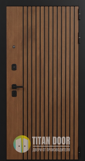 Стальная квартирная дверь с панелями МДФ коричневого цвета с линейной фрезеровкой Стальная квартирная дверь с панелями МДФ коричневого цвета с линейной фрезеровкой