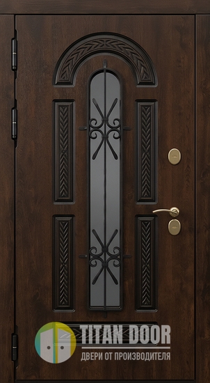 Металлическая непромерзающая термодверь с решеткой, узким стеклом и темно-коричневыми панелями МДФ Металлическая непромерзающая термодверь с решеткой, узким стеклом и темно-коричневыми панелями МДФ