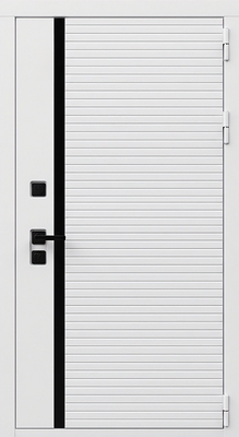 Входная дверь с белыми панелями МДФ и черной вертикальной полоской