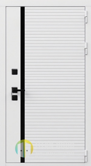 Входная дверь с белыми панелями МДФ и черной вертикальной полоской