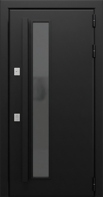 Морозоустойчивая стальная термодверь с узким стеклопакетом, бугельной ручкой и черными панелями МДФ Морозоустойчивая стальная термодверь с узким стеклопакетом, бугельной ручкой и черными панелями МДФ
