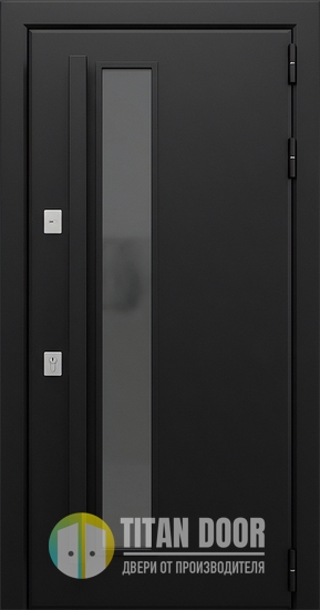 Морозоустойчивая стальная термодверь с узким стеклопакетом, бугельной ручкой и черными панелями МДФ