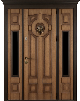 Парадная входная группа с карнизом, кнокером, стеклами по бокам и отделкой массивом (терморазрыв)