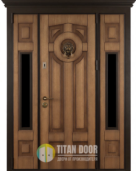 Парадная входная группа с карнизом, кнокером, стеклами по бокам и отделкой массивом (терморазрыв)