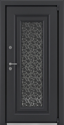 Металлическая непромерзающая термодверь с остеклением, лазерной резкой и темно-серым полимерным окрашиванием